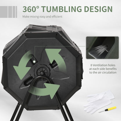 43 Gallon (160L) Tumbling Compost Bin Outdoor Dual Chamber 360° Rotating Composter with Sliding Doors, Solid Steel Frame and Gloves, Black