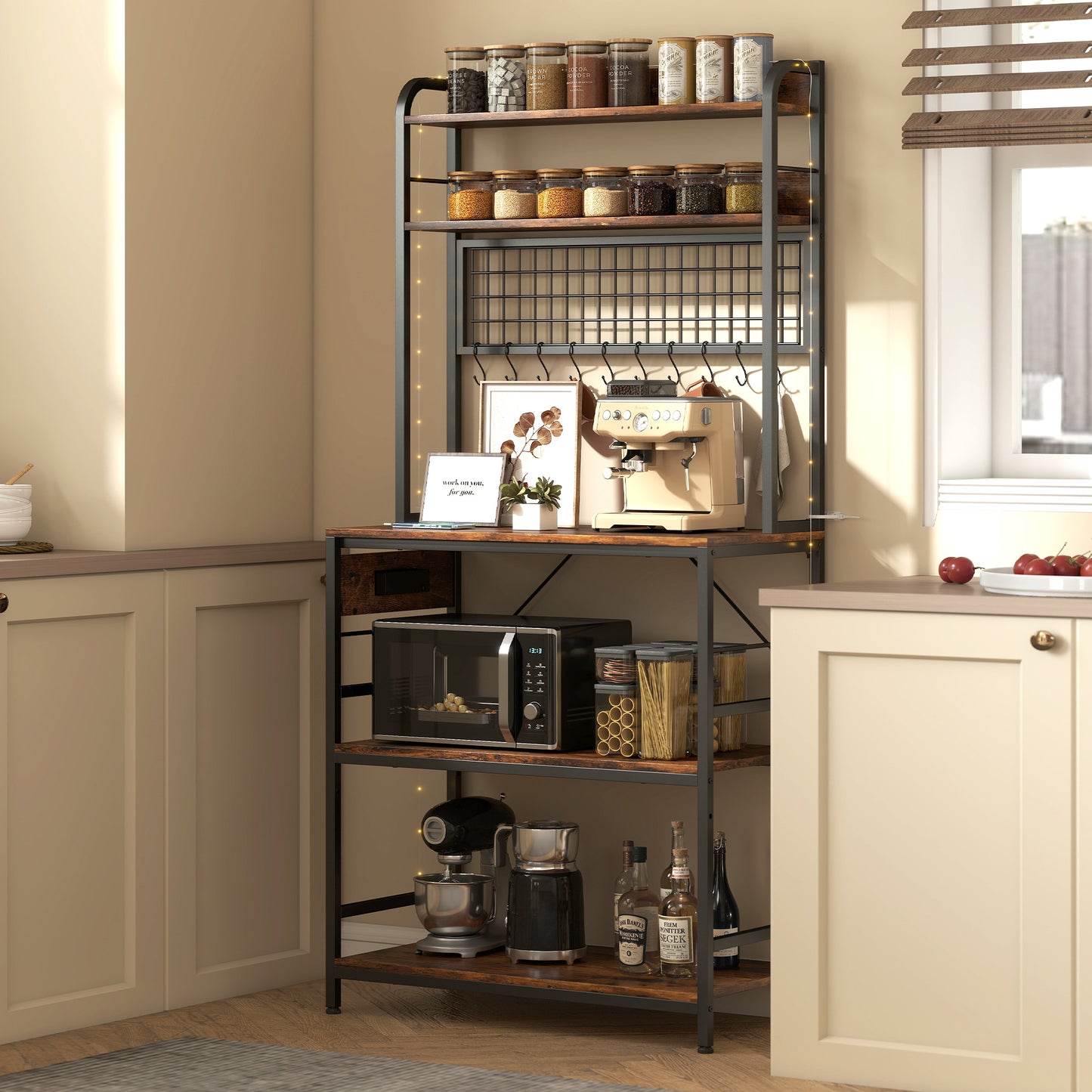 Kitchen Baker's Rack with Power Outlet and LED Light, 5-Tier Coffee Bar Station with 10 Hooks, Rustic Brown