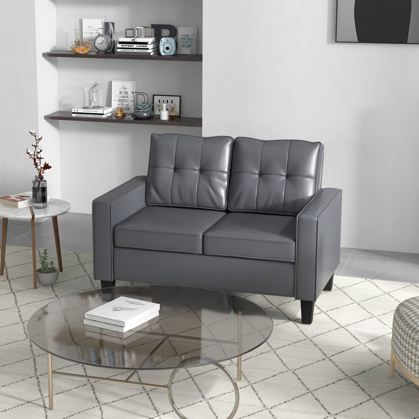 51" PU Leather Loveseat, Upholstered Double Sofa Couch with Armrests, Tufted Backrest, Pocket Spring and Sponge Padded Cushion for Living Room, Bedroom, Home Office, Grey
