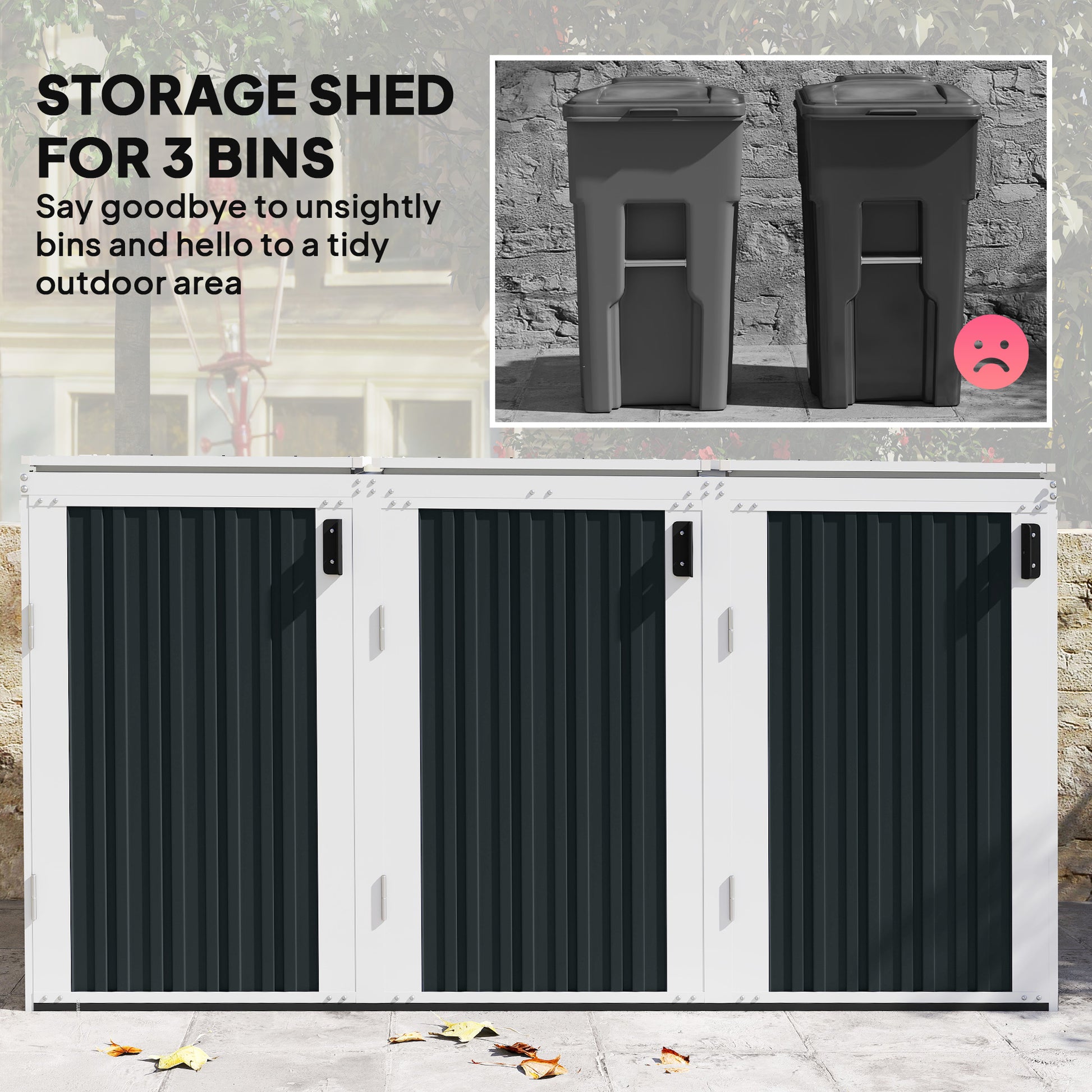 Outdoor Storage Shed Rustproof Garbage Bin Shed with Gas Struts Magnetic Doors for 3 Bins White and Grey