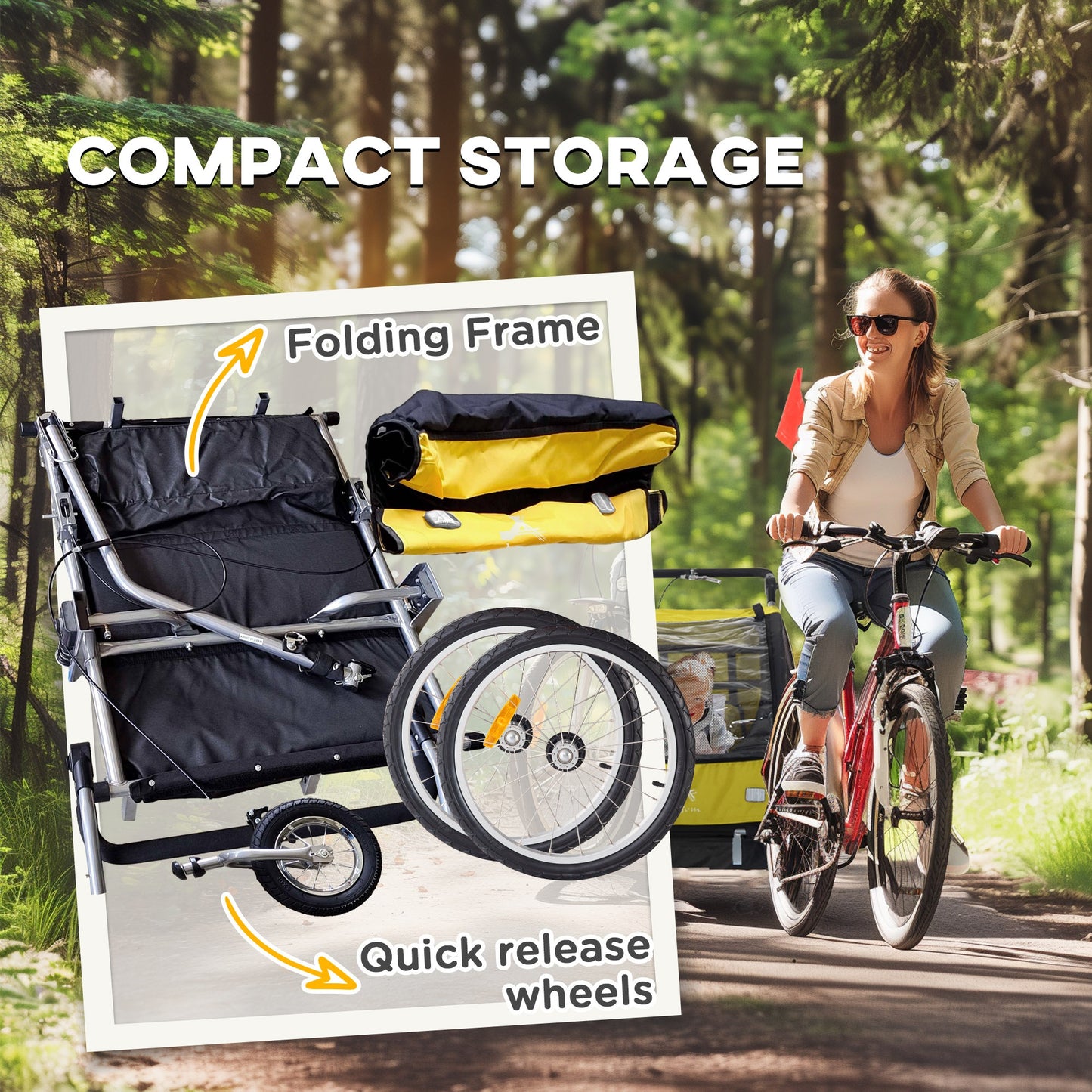 Aosom 2-in-1 Bike Trailer for Kids, Foldable 2-Seat Baby Stroller with 5-Point Harness, Rubber Wheels, Storage Bag, Yellow