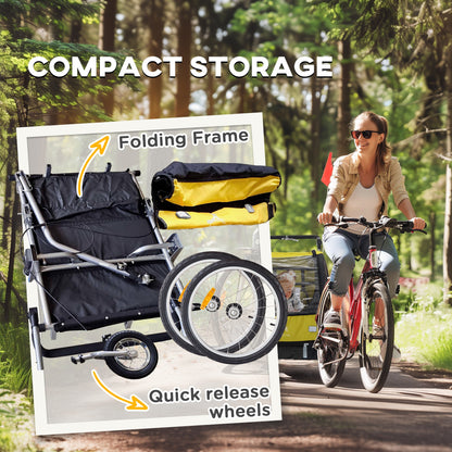Aosom 2-in-1 Bike Trailer for Kids, Foldable 2-Seat Baby Stroller with 5-Point Harness, Rubber Wheels, Storage Bag, Yellow