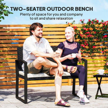 2 Seater Outdoor Bench, Rattan Garden Bench Loveseat with Cushion, Armrests, Steel Frame for Patio, Porch, Beige
