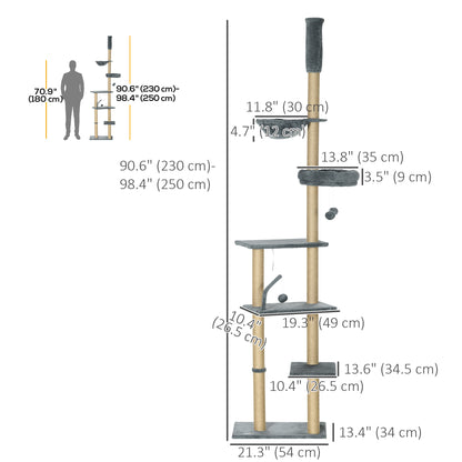 Floor to Ceiling Cat Tree, 90.5" - 98.5" Cat Tower with Scratching Post, Dangling Balls, Platforms, Bed, Hammock, Grey