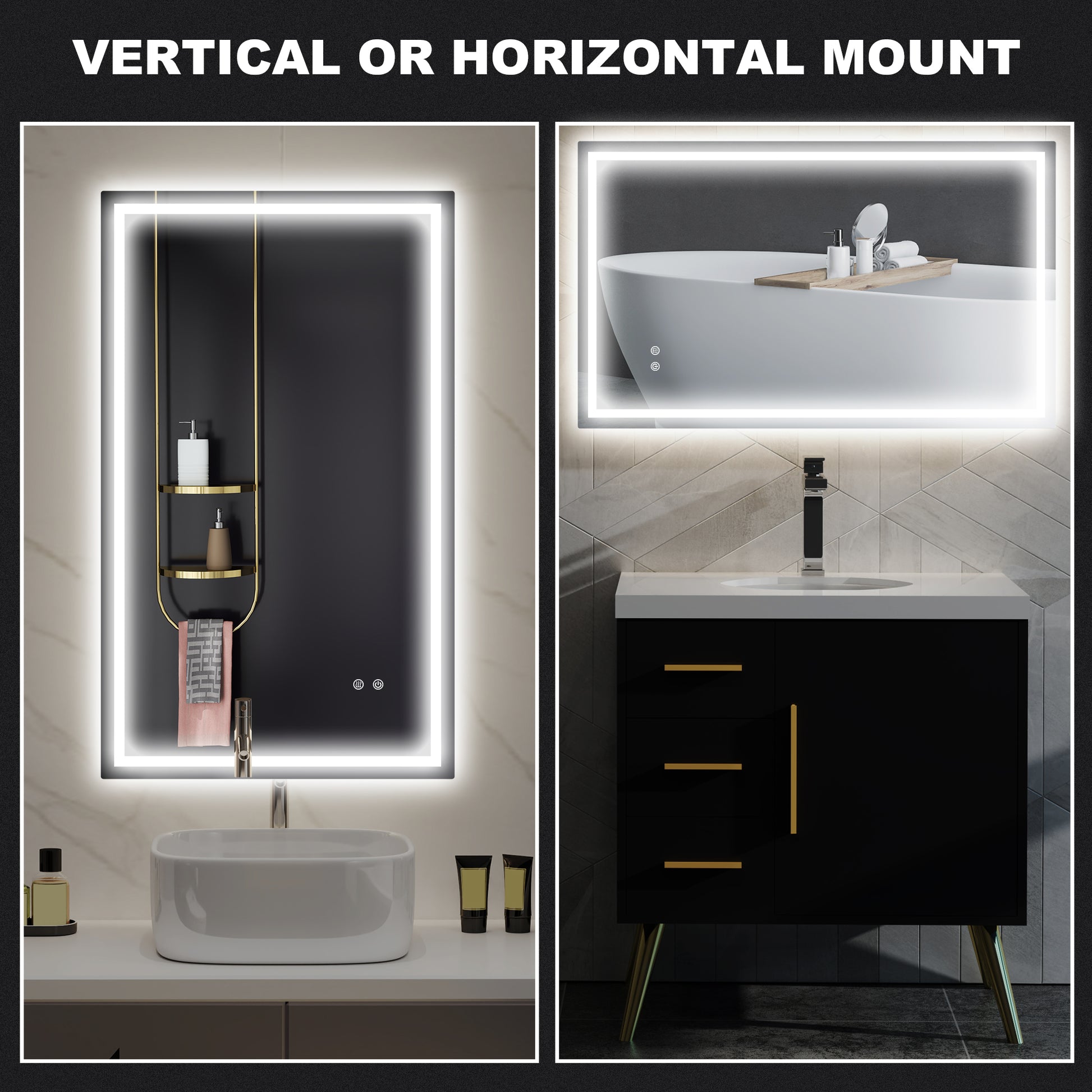 39" x 24" Bathroom Mirror with LED Lights, Wall Mounted Vanity Mirror with Anti-Fog Pad and Touch Button, Clear