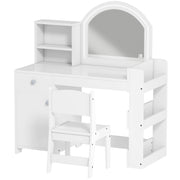 Qaba Kids Vanity Set, Toddler Dressing Table and Chair Set with Lighted Mirror, Cabinet, Drawer and Shelves, White