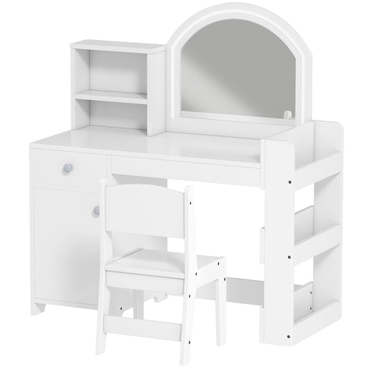 Qaba Kids Vanity Set, Toddler Dressing Table and Chair Set with Lighted Mirror, Cabinet, Drawer and Shelves, White