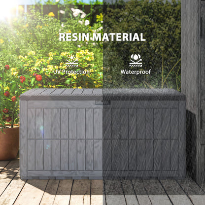 100 Gallon Resin Deck Box, Waterproof Lockable Outdoor Storage Box with Pneumatic Gas Rods, Side Handles