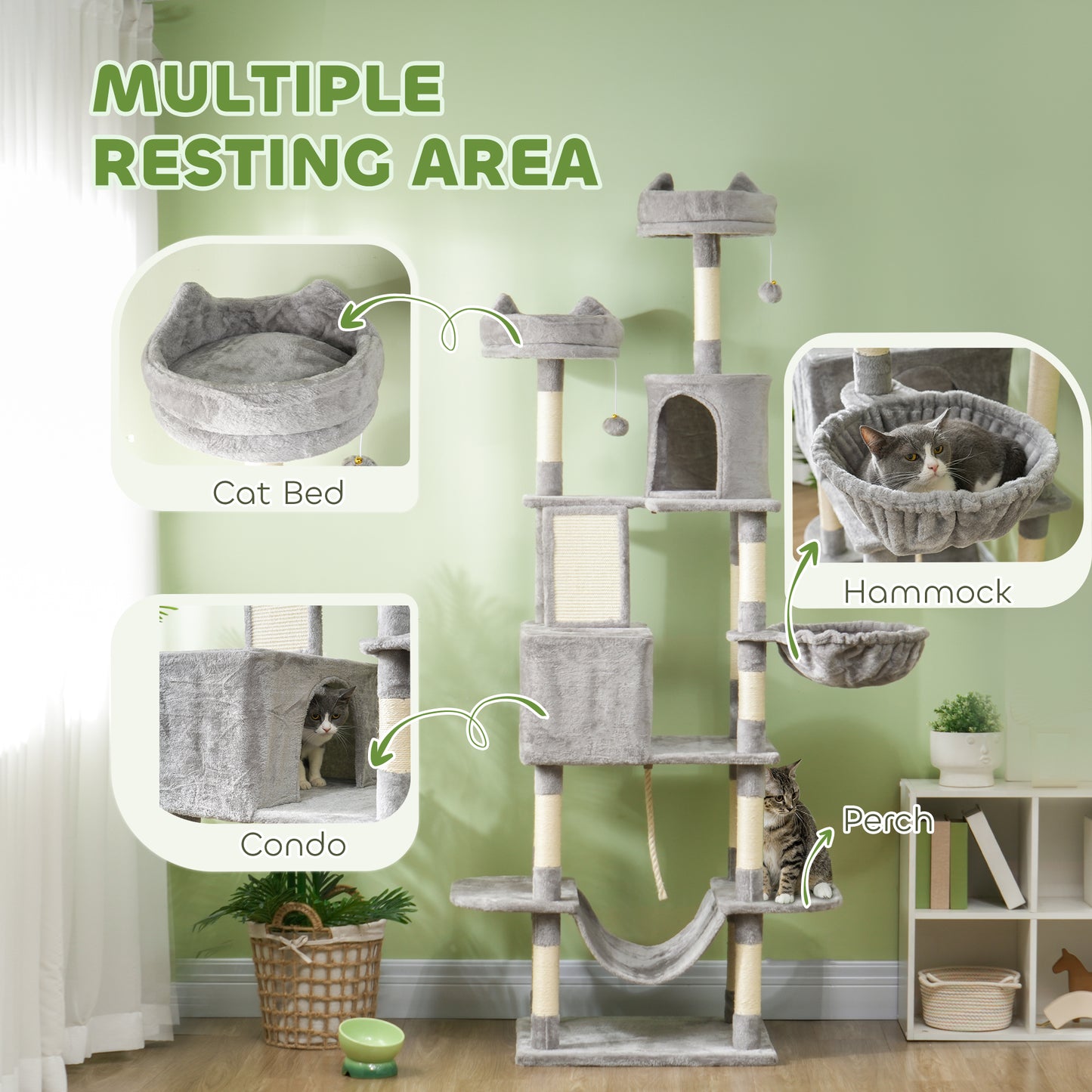 81" Large Cat Tree w/ Scratching Posts, Condos, Beds, Hammocks, Jumping Platforms, Toy Balls, Rope Cat Toy, Light Grey