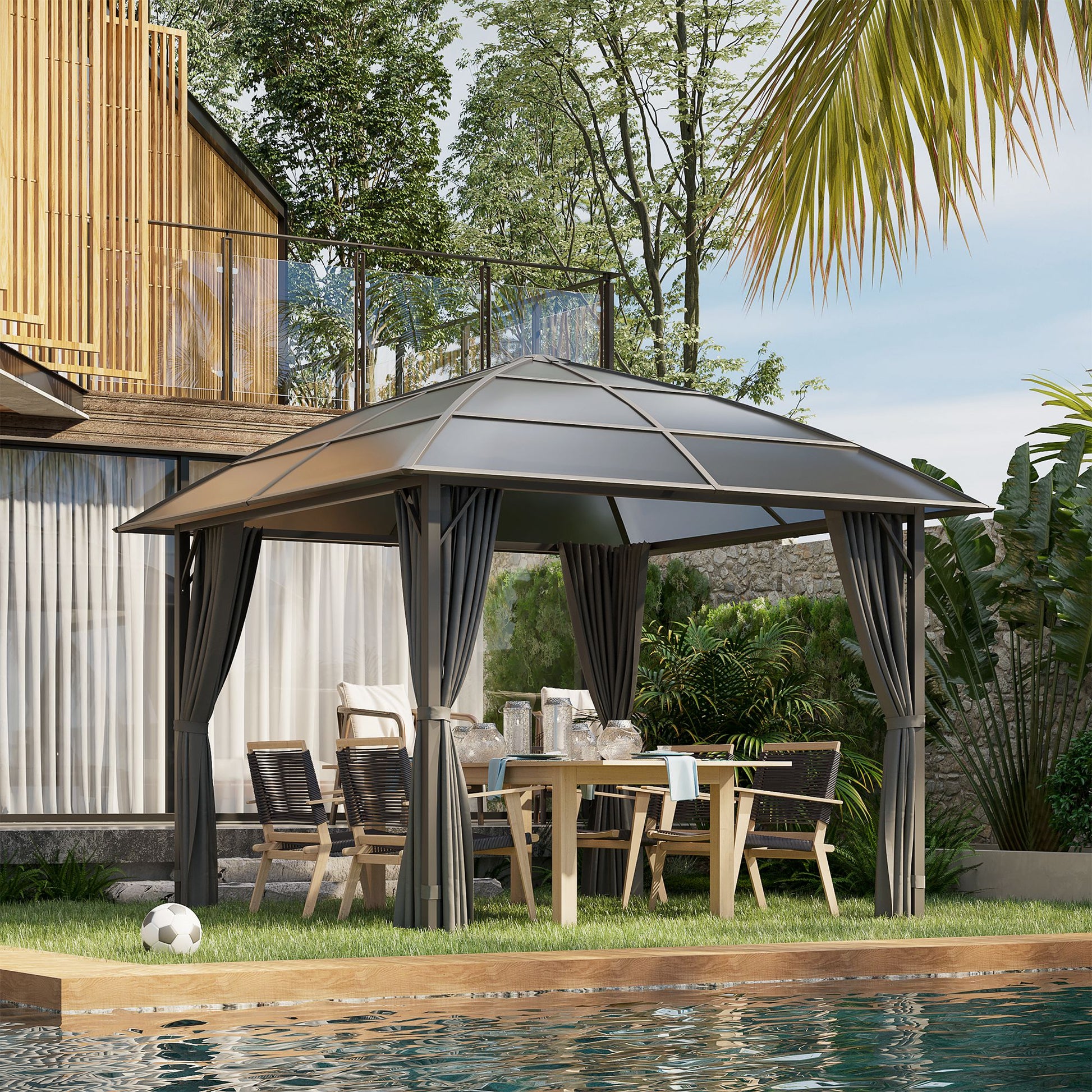 10' x 10' Hardtop Gazebo, Outdoor Gazebo Canopy with UV60+ Polycarbonate Roof, Curtains, Central Hook and Steel Frame for Garden, Lawn, Backyard, Deck, Dark Grey