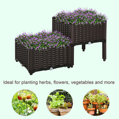 2 Piece Raised Garden Bed PP Raised Flower Bed Vegetable Herb Grow Box Stand Brown