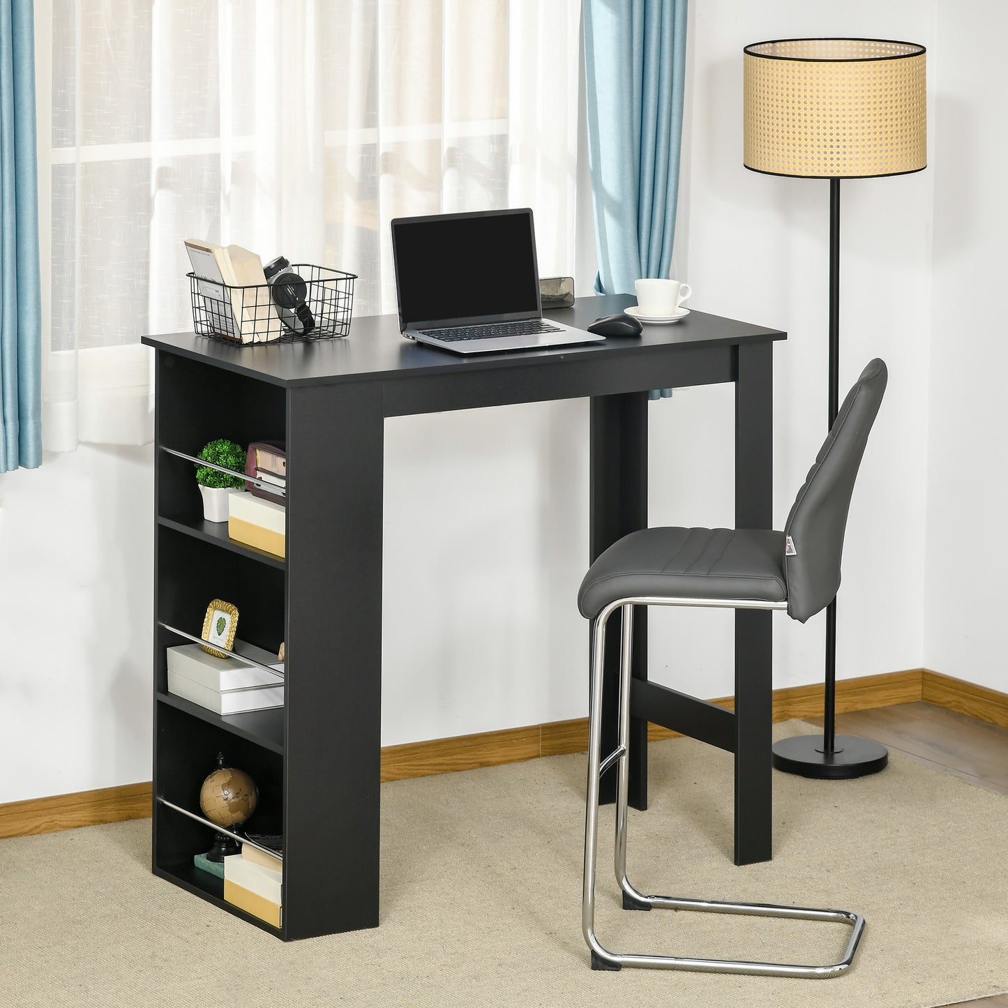 Bar Table Counter Height Dining Table with 3 Storage Shelves for Kitchen, Dining Room, Living Room, Black