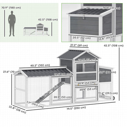 Chicken Coop with Wheels, 80" L Mobile Hen House with Run, Outdoor Wooden Chicken House with Nesting Box, Tray, Ramp