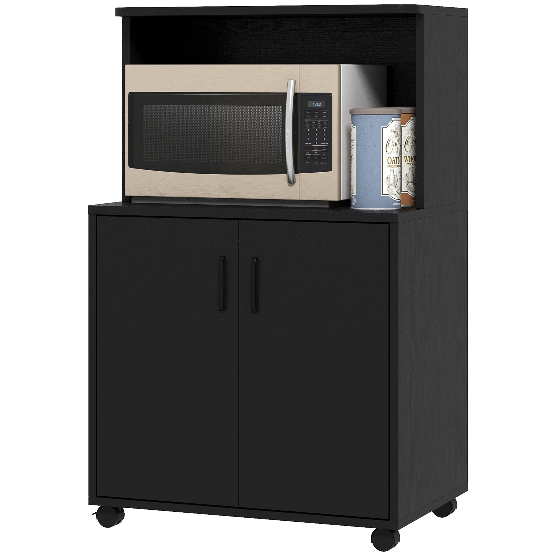 Microwave Cart on Wheels Utility Trolley Storage Sideboard Bookcase with 2-door Cabinet, Black Wood Grain