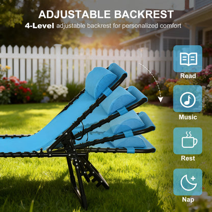 Outdoor Folding Lounge Chair, 4-Level Adjustable Chaise Lounge with Headrest, Tanning Chair Beach Bed, Reclining Lounger Cot for Camping, Hiking, Backyard, Sky Blue