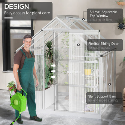 6' x 6' Walk-In Greenhouse, Polycarbonate Greenhouse with Sliding Door, Window, Aluminium Frame, Foundation, Silver