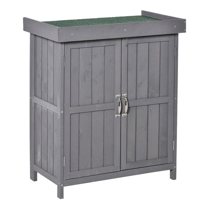 Wooden Garden Tool Storage Shed Kit with Hinged Roof, 2-Tier Shelves and Double Doors, 74x43x88cm, Dark Grey