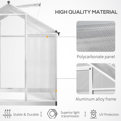 6' x 8' x 6.4' Polycarbonate Greenhouse, Aluminum Walk-In Green House Kit Garden, Plants Grow with Rain Gutter and Roof Vent, Silver