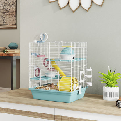 3-Level Hamster Cage with Exercise Wheel, Play Tube, Water Bottle, Food Dish, Hut, Ladder, Blue