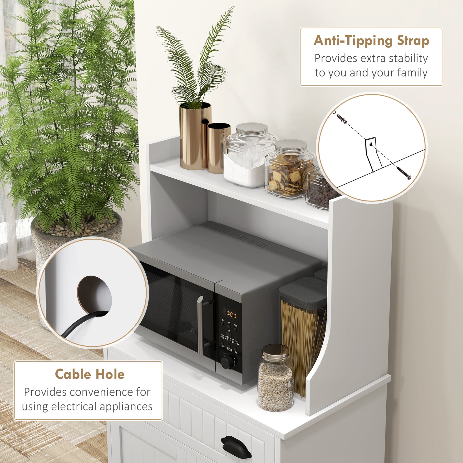 Microwave Cabinet, Kitchen Storage Cabinet with Drawer and Adjustable Shelf, White