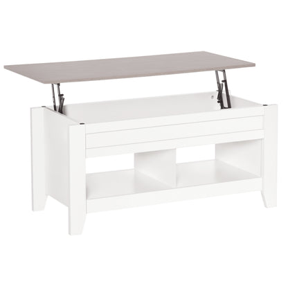 Lift Top Coffee Table with Hidden Storage Compartment and Open Shelves, Lift Tabletop Pop-Up Center Table for Living Room, White