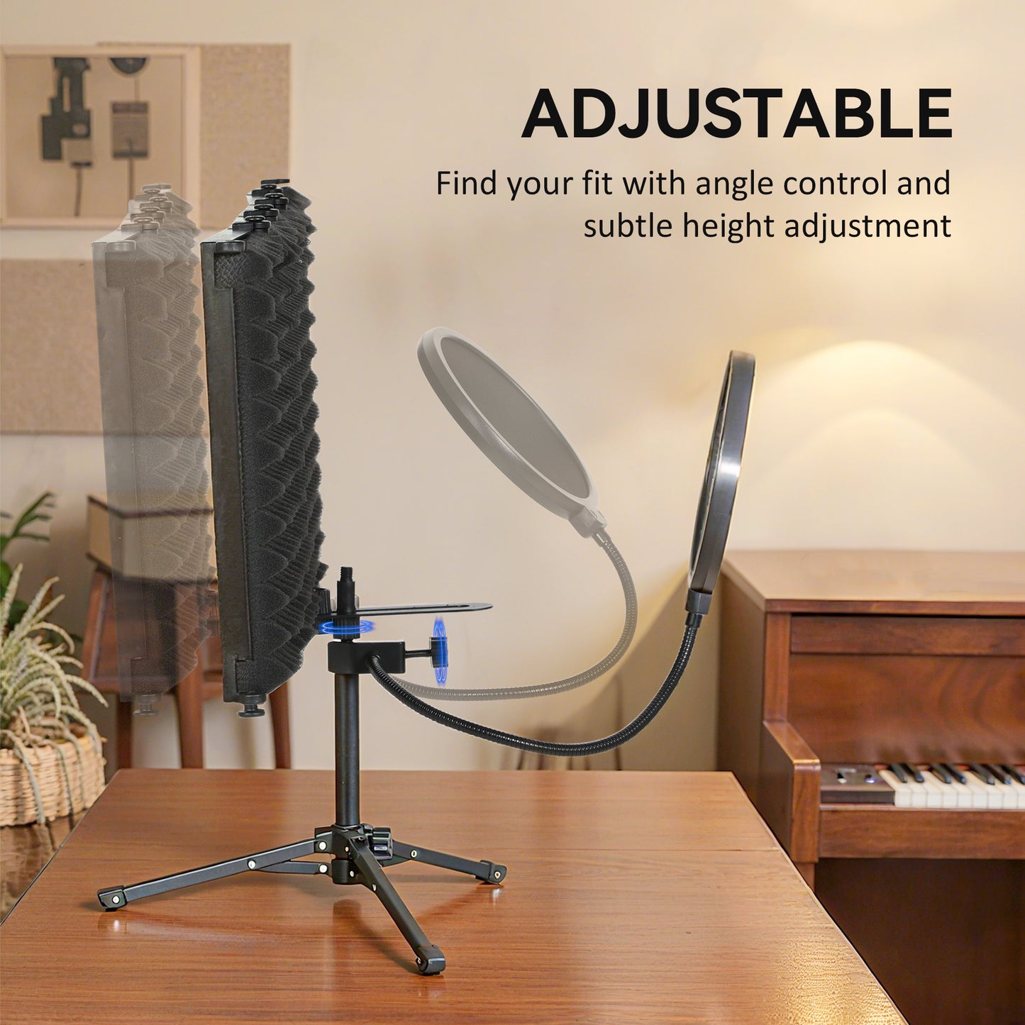 Foldable Studio Recording Microphone Isolation Shield with Pop Filter, Stand, 3/8" Threaded Mount, Black