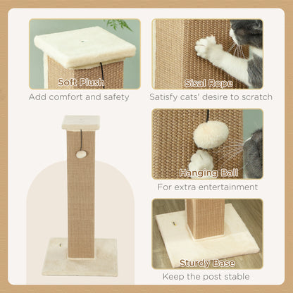 32" Tall Cat Scratching Post for Indoor Cats and Kittens, Sisal Cat Scratcher with Hanging Ball Soft Plush, Beige