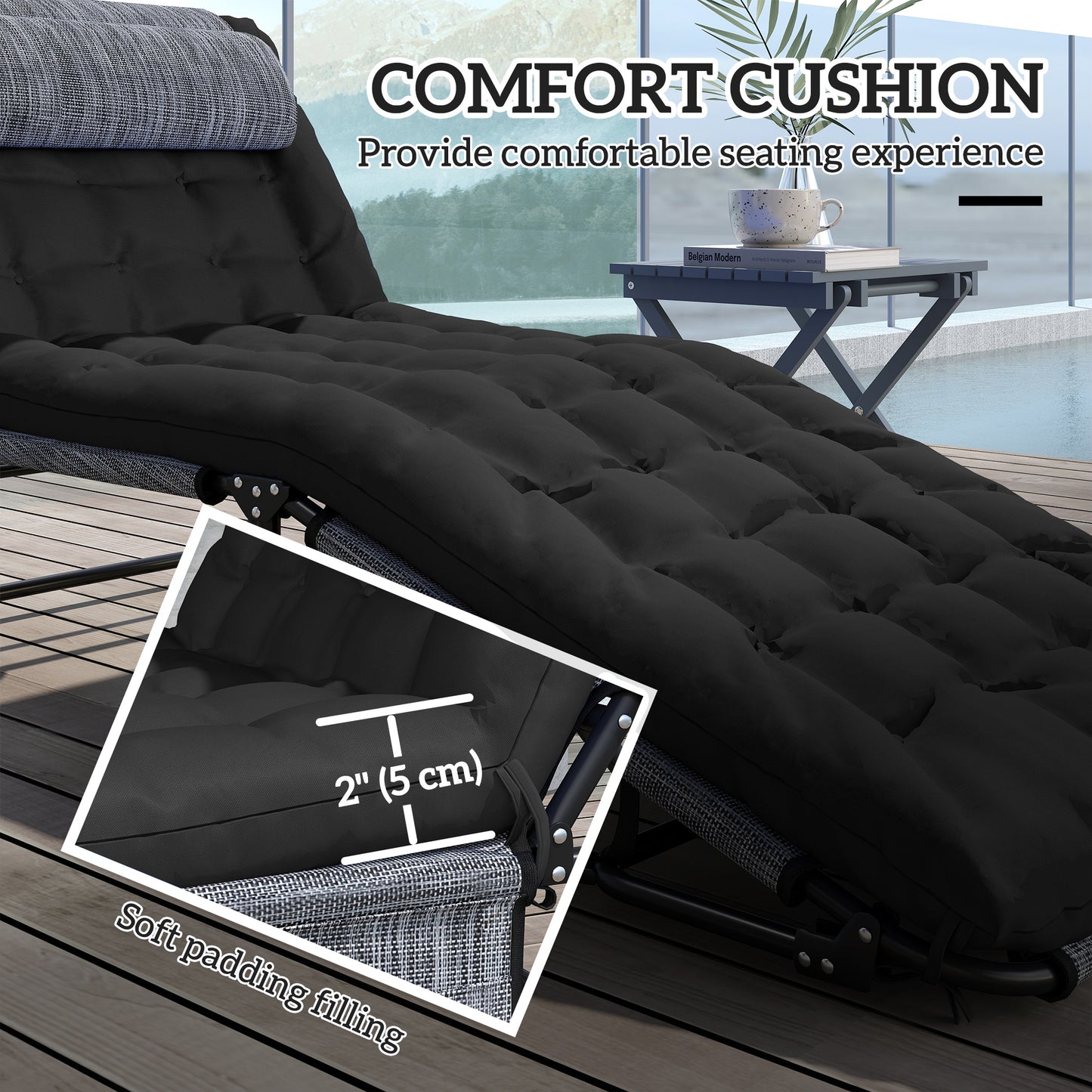 2-Piece Folding Lounge Chairs with Adjustable Backrest, Tanning Chair with Cushion, Side Pocket, Headrest, Black