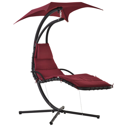 Outdoor Hammock Chair with Stand, Floating Chaise Lounge Chair with Soft Padded Cushion, Hanging Hammock Swing Reclining Seat with Canopy Umbrella, Wine Red