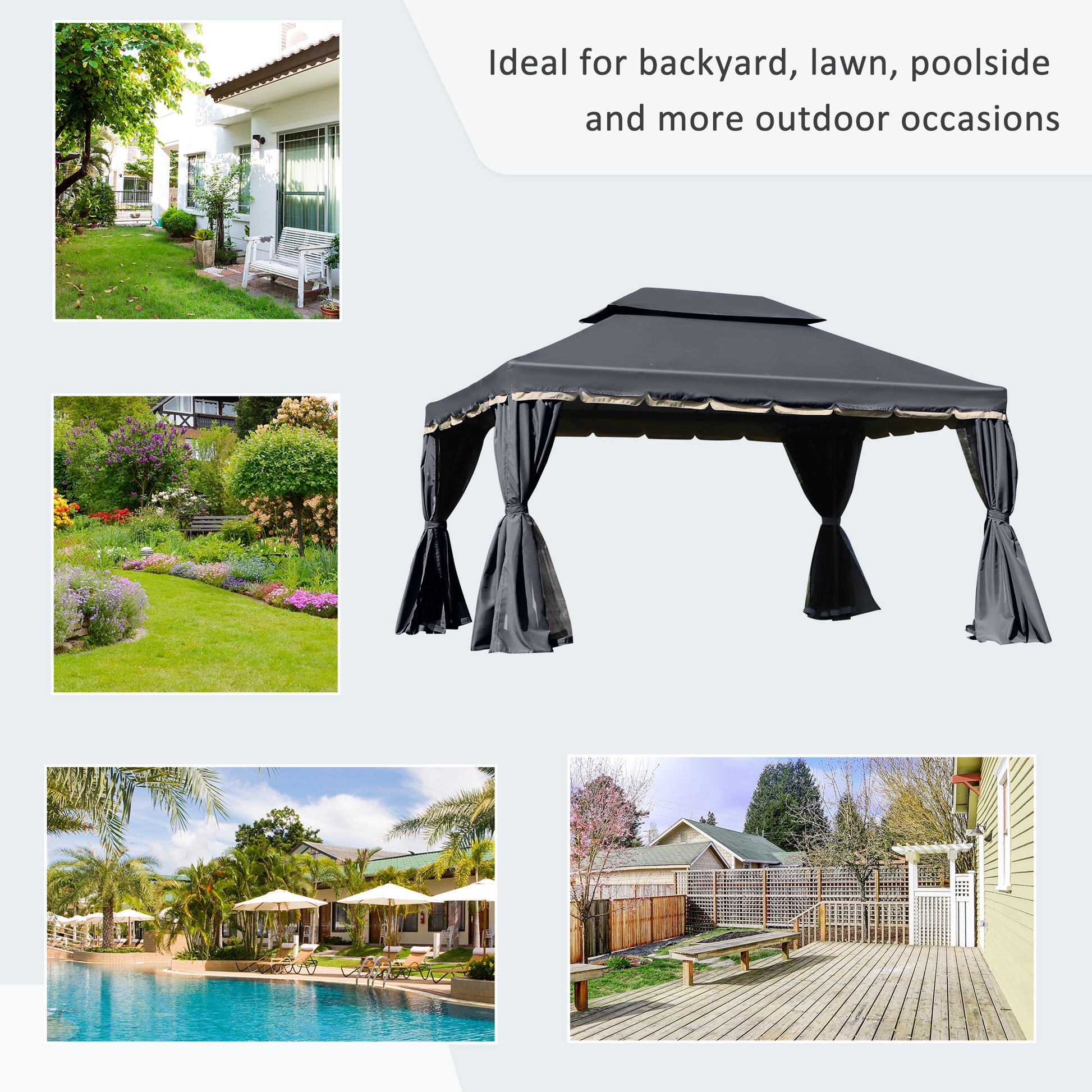 13' x 10' Patio Gazebo, Double Roof Outdoor Gazebo Canopy Shelter with Netting & Curtains, Strong Aluminum Frame, Black