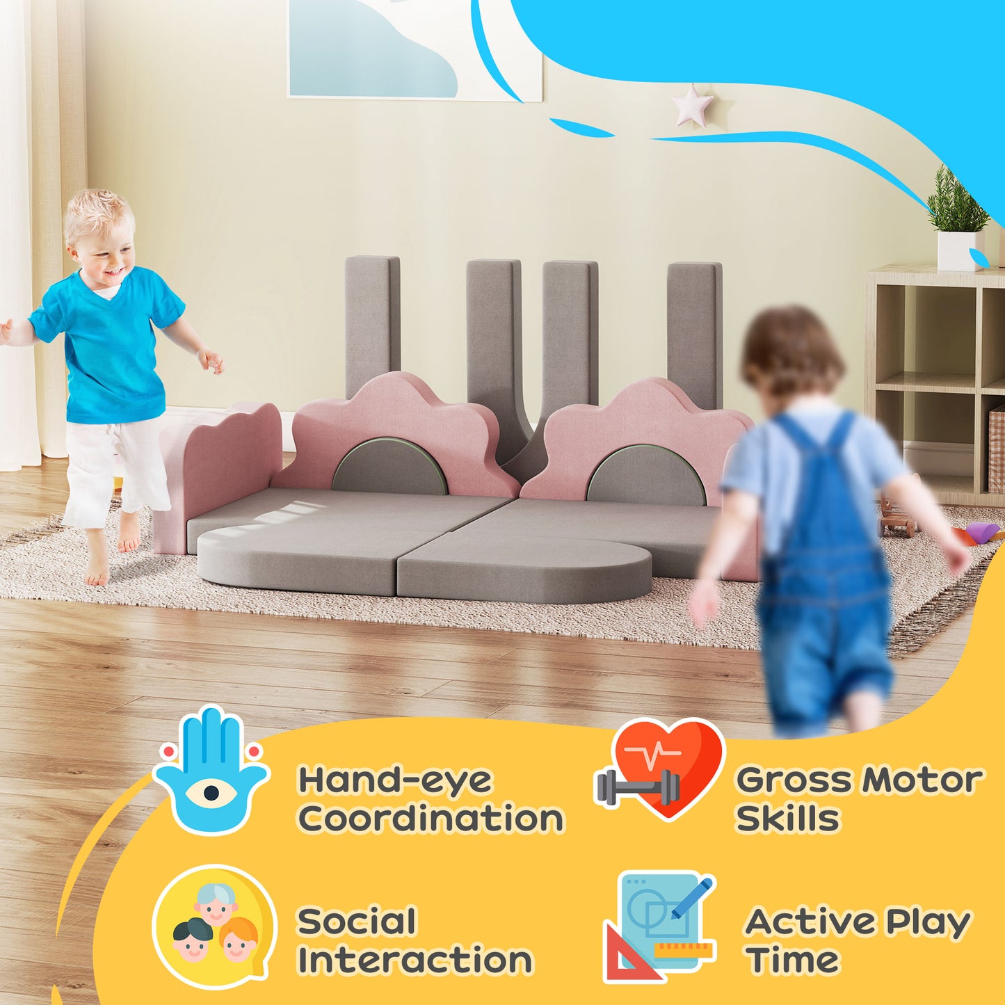 Qaba 12-Piece Climbing Toys for Toddlers with Ball Pit (Balls not Included), Indoor Climb and Crawl Activity Play Set, Grey