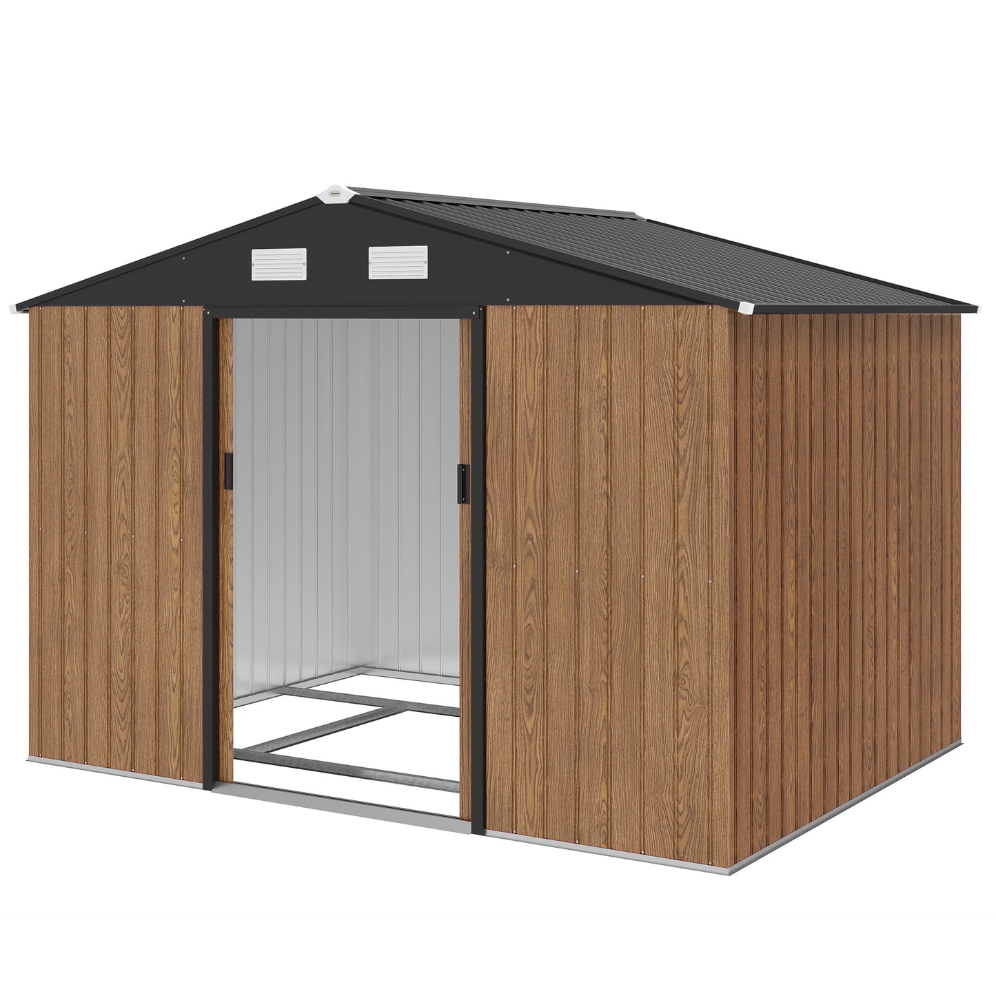 9.1'x6.4'x6.3' Garden Storage Shed, Outdoor Storage Tool House with Vents, Foundation and Lockable Double Doors, Teak