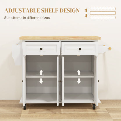 Kitchen Island with Storage, Rolling Trolley Cart with Rubber Wood Top, Spice Rack, Towel Rack, Cream White