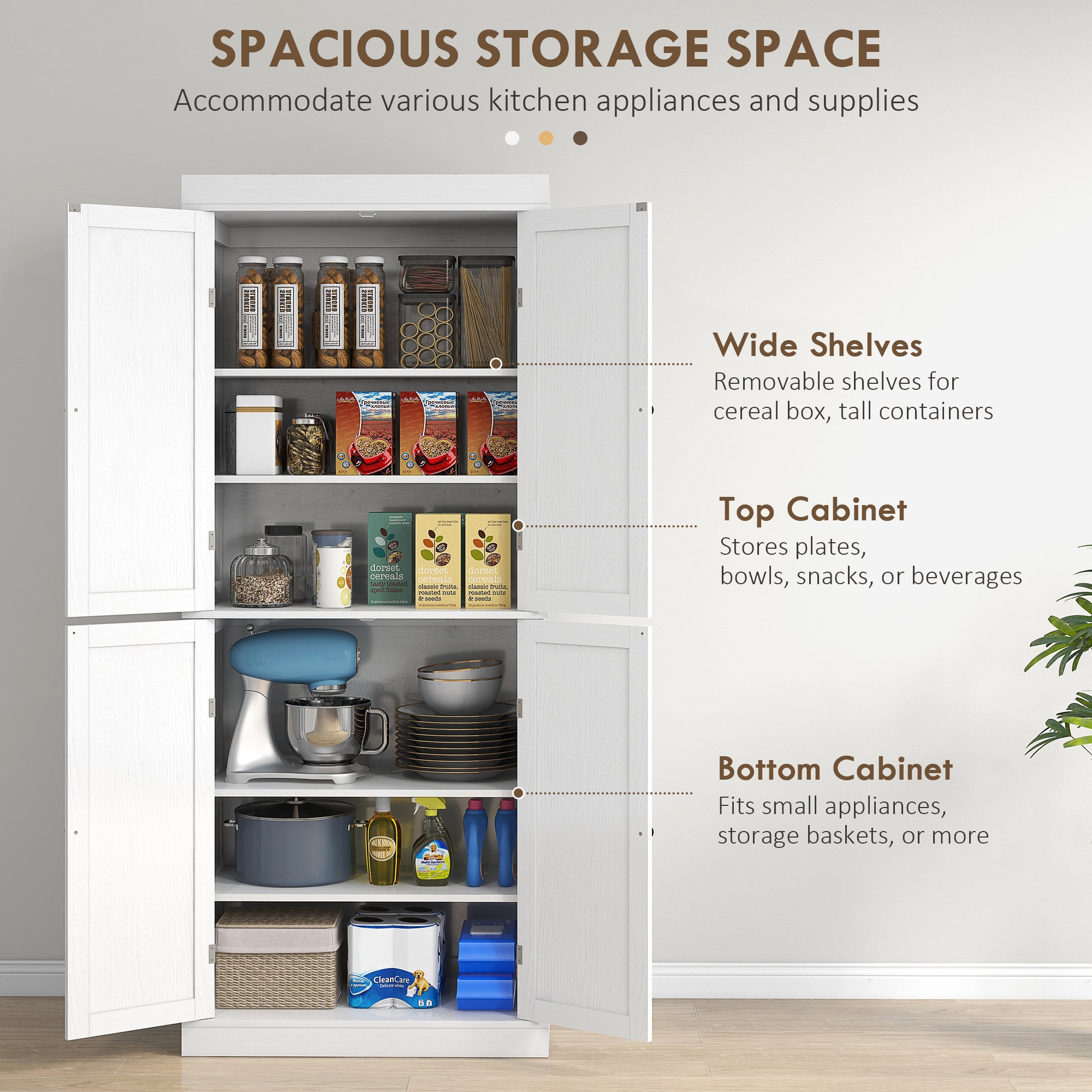 72.5" Freestanding Kitchen Pantry Cabinet with 4 Doors, White