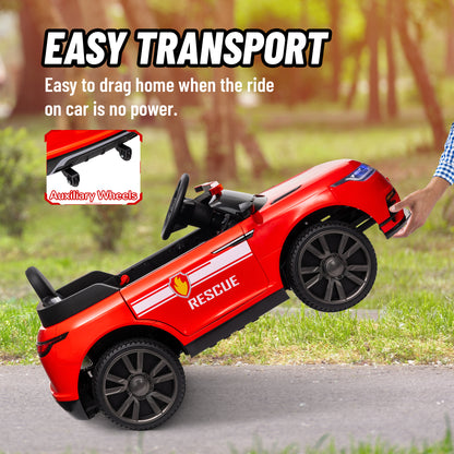 Qaba 12V Kids Electric Fire Truck w/ Remote Control, Spring Suspension, Transport Wheel, Siren, Music, Light, Horn, Red