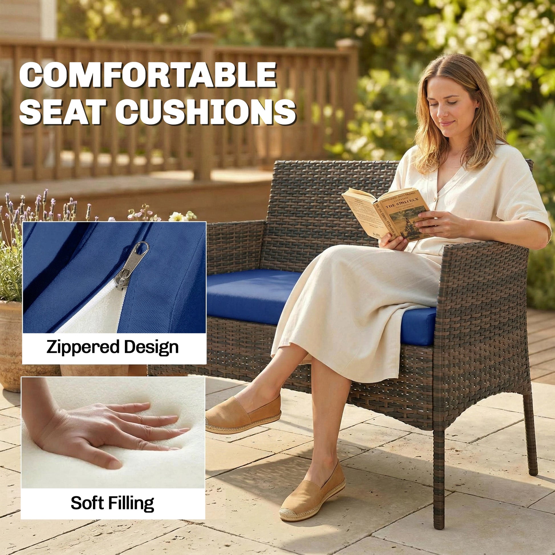 4 Pieces Wicker Outdoor Balcony Furniture Set Rattan Patio Furniture Set with Loveseat Chairs Glass Coffee Table Navy Blue