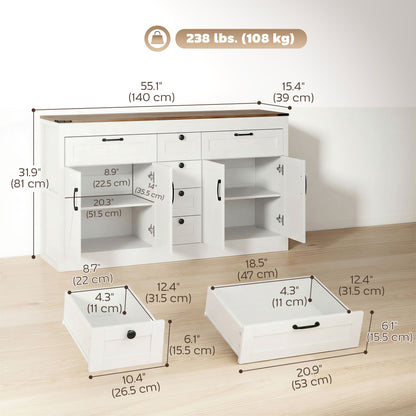 Sideboard Buffet Cabinet, 55" Farmhouse Kitchen Cabinet with 4 Barn Doors, 6 Drawers and 2 Adjustable Shelves, White