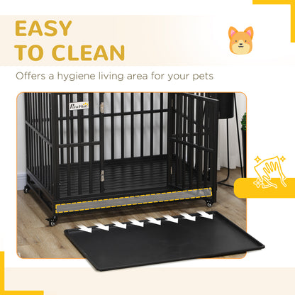 44" Heavy Duty Steel Dog Crate Kennel Pet Cage with Wheels for Convenient Access Anti-Pinching Floor, Black