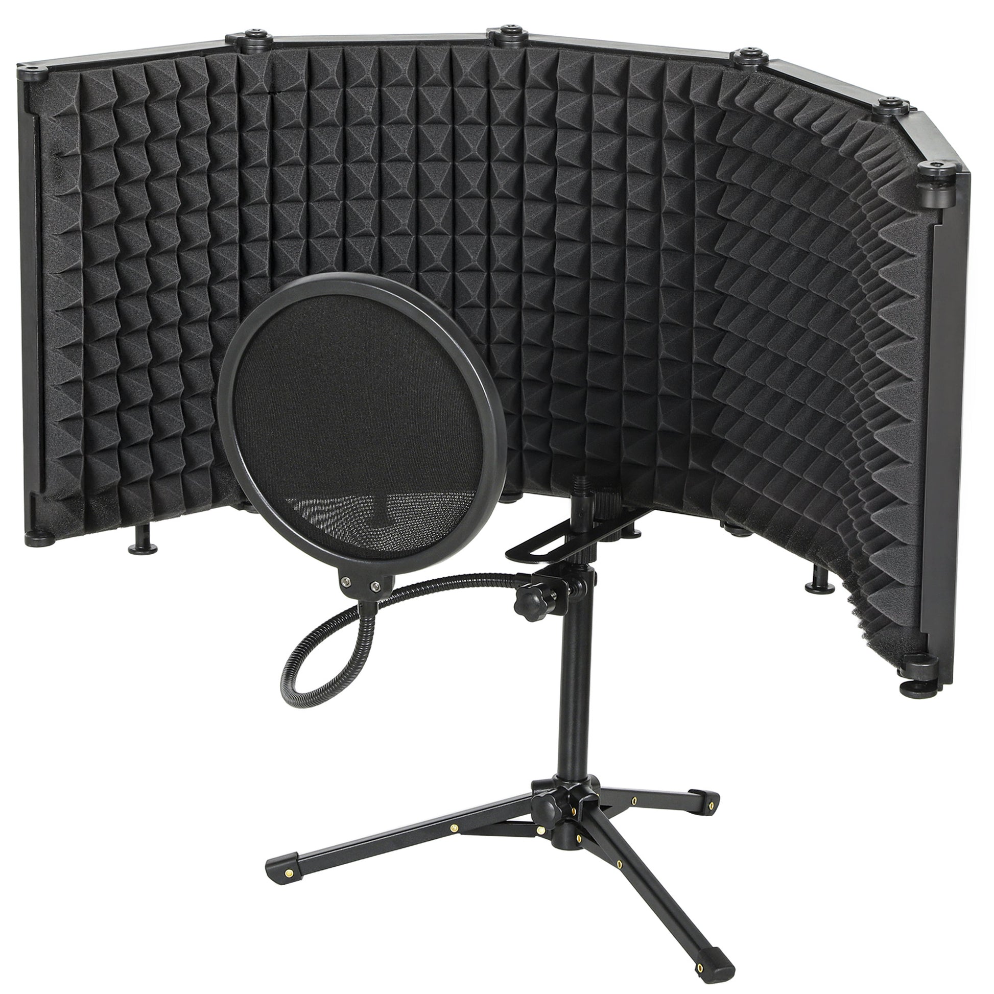 Foldable Studio Recording Microphone Isolation Shield with Pop Filter, Stand, 3/8" Threaded Mount, Black