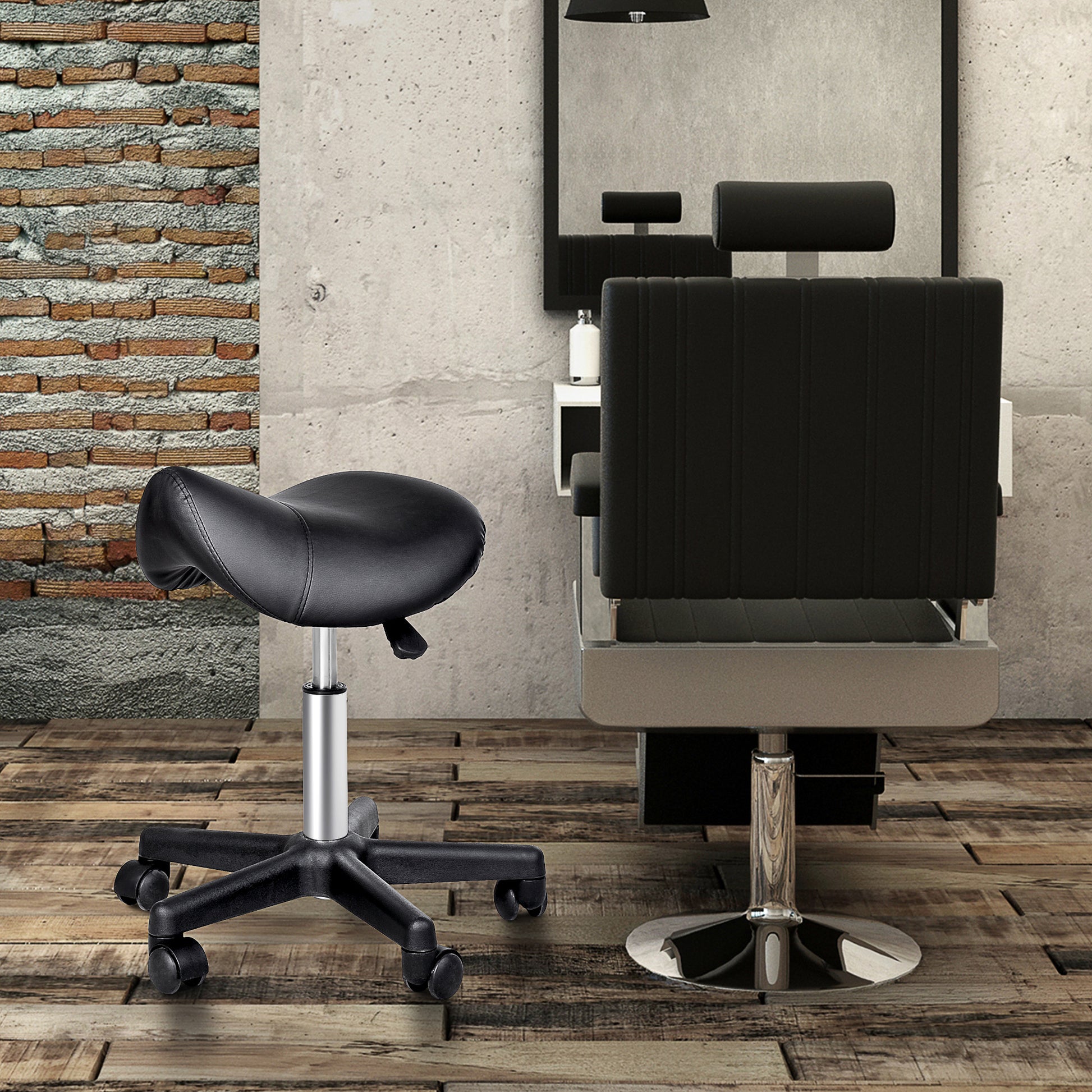 Saddle Stool, PU Leather Rolling Stool with Wheels, Adjustable Salon Chair for Kitchen, Salon Spa, Bar, Home Office, Massage, Black