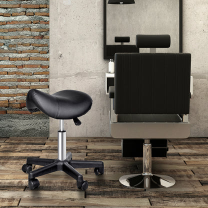 Saddle Stool, PU Leather Rolling Stool with Wheels, Adjustable Salon Chair for Kitchen, Salon Spa, Bar, Home Office, Massage, Black