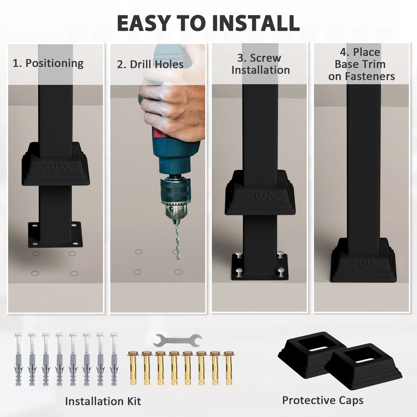2-3 Step Handrails for Outdoor Steps, Metal Outdoor Stair Railing, Porch Deck Railing with Installation Kit, Black