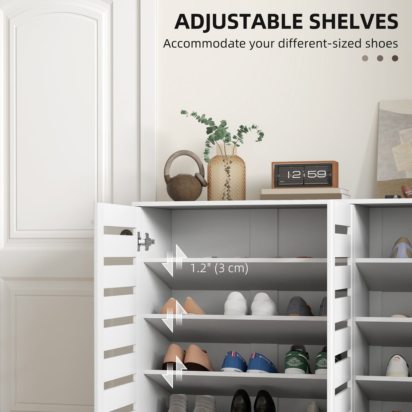 Narrow Shoe Cabinet with Slatted Doors, Adjustable Shelves for 20 Pairs of Shoes, Shoe Cabinet for Entryway, White