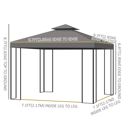 10' x 10' Patio Gazebo Outdoor, Canopy Shelter with Double-tier Roof, Pavilion Sidewalls for Garden Events, Brown