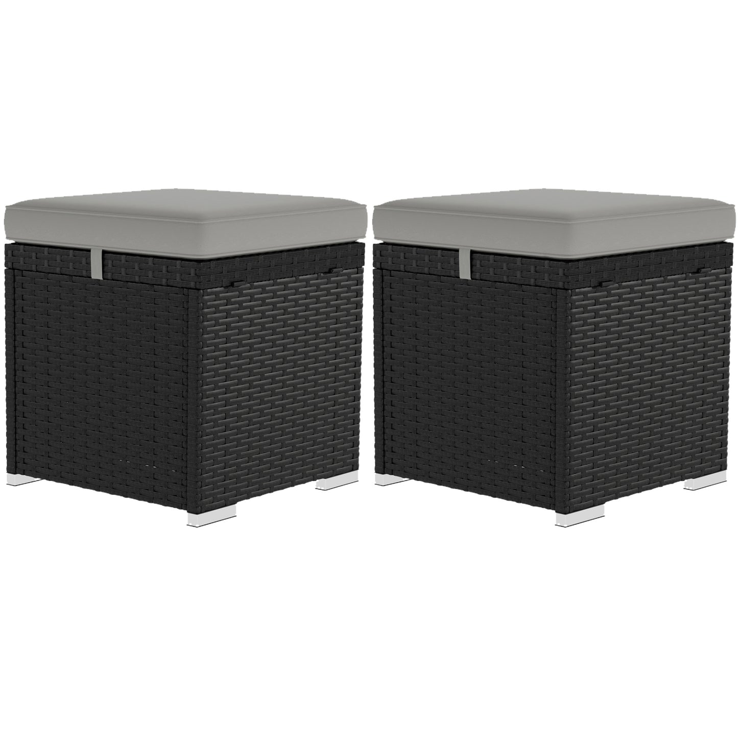2 Pieces Wicker Outdoor Ottoman with Storage, Cushion, Square Outdoor Footstool, Seating, Side Table, Light Grey