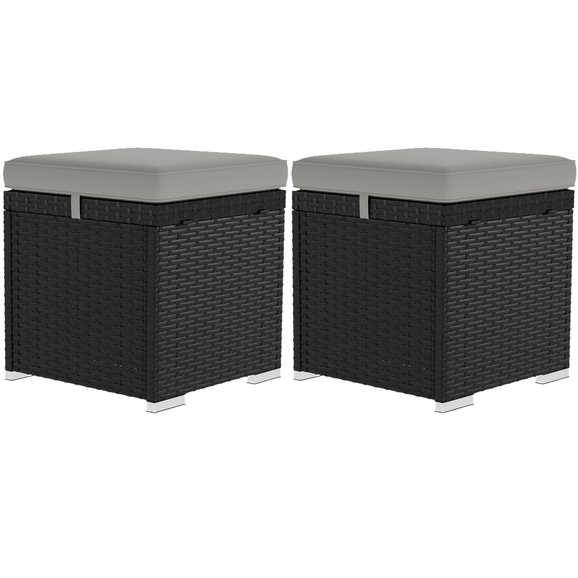 2 Pieces Wicker Outdoor Ottoman with Storage, Cushion, Square Outdoor Footstool, Seating, Side Table, Light Grey