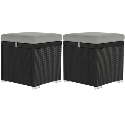 2 Pieces Wicker Outdoor Ottoman with Storage, Cushion, Square Outdoor Footstool, Seating, Side Table, Light Grey