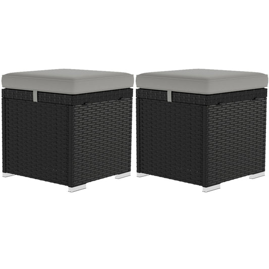 2 Pieces Wicker Outdoor Ottoman with Storage, Cushion, Square Outdoor Footstool, Seating, Side Table, Light Grey