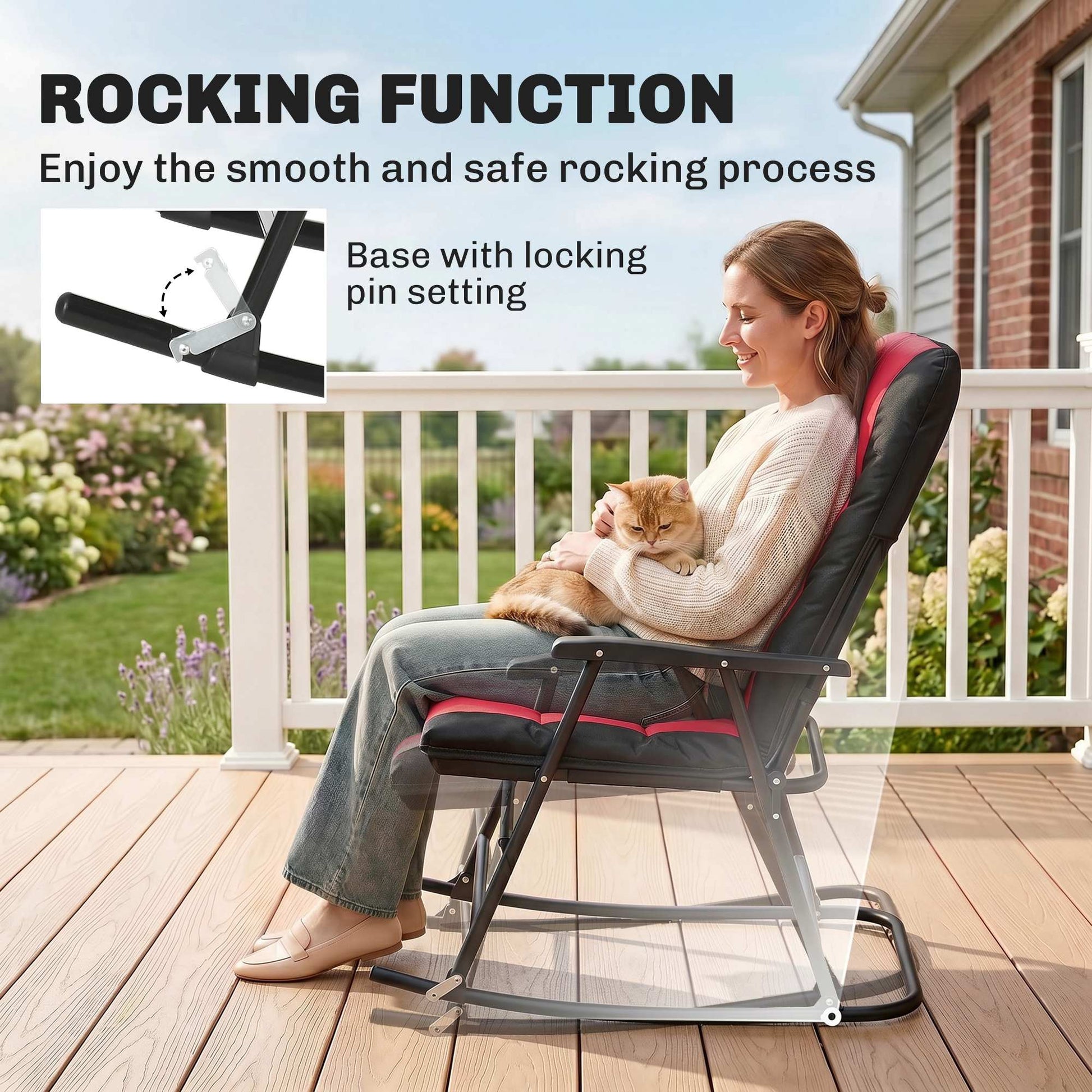 3pc Patio Foldable Rocking Chair Set, Outdoor Rocking Chairs and Table Bistro Set w/ Padded Seat, Headrest, Backrest for park, backyard, garden, Red