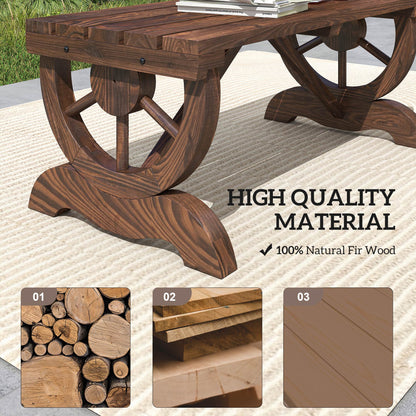 Rustic Wood Wheel Outdoor Garden Bench for 2-Person with a Unique Wheel Design on the Legs & Strong Build, Brown